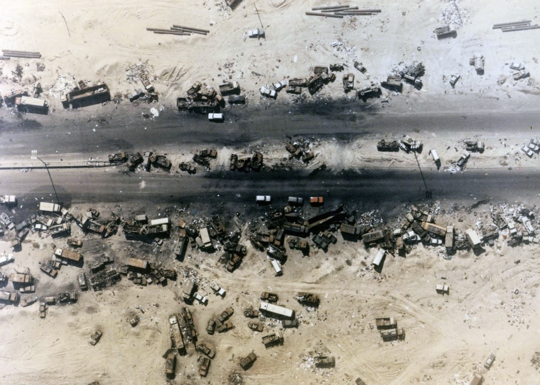 Aerial of the Highway of Death, the result of American forces bombing retreating Iraqi forces.