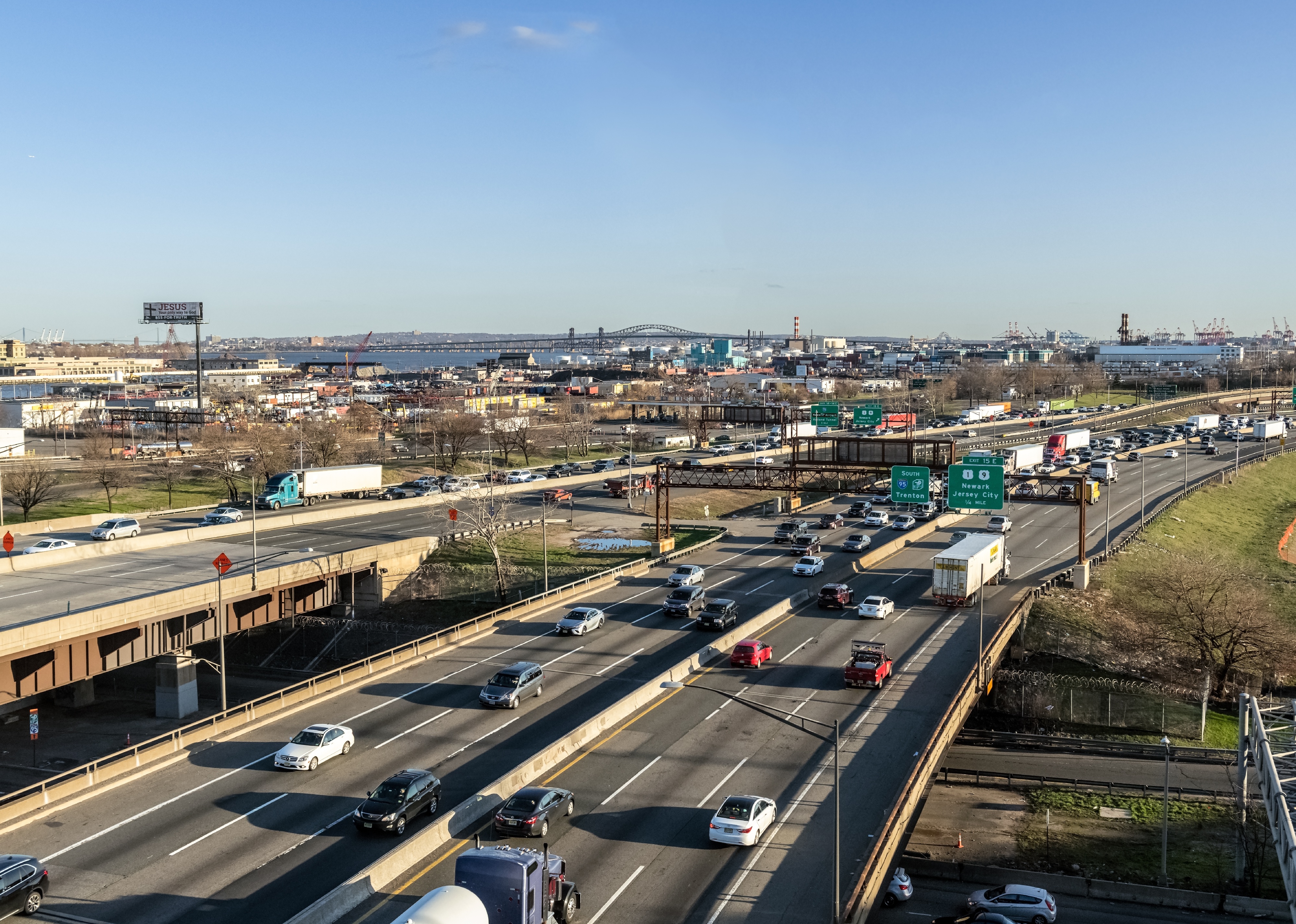 A wide angle view of the New Jersey Turnpike.