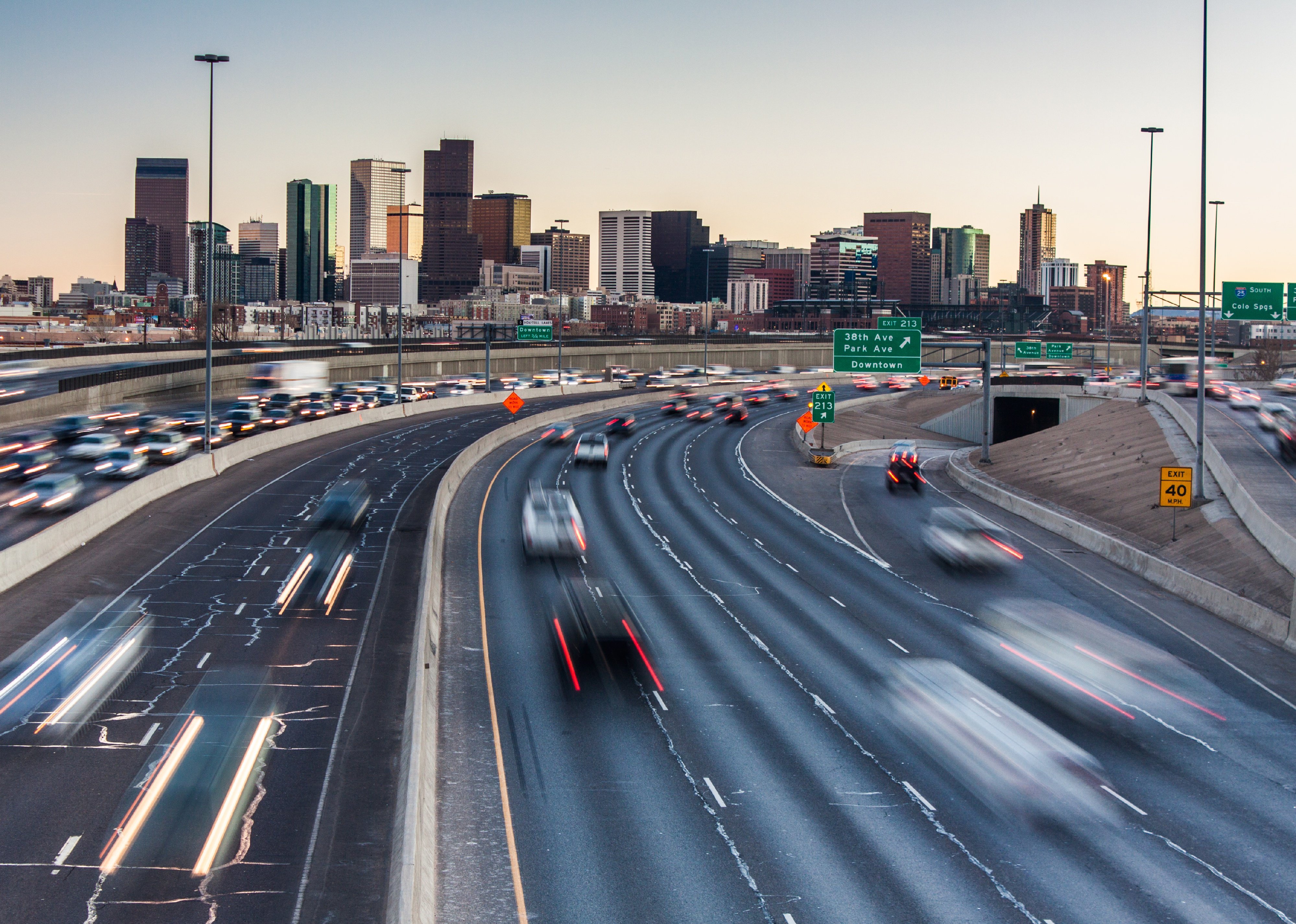 Rush hour traffic on I-25 looking toward downtown Denver.