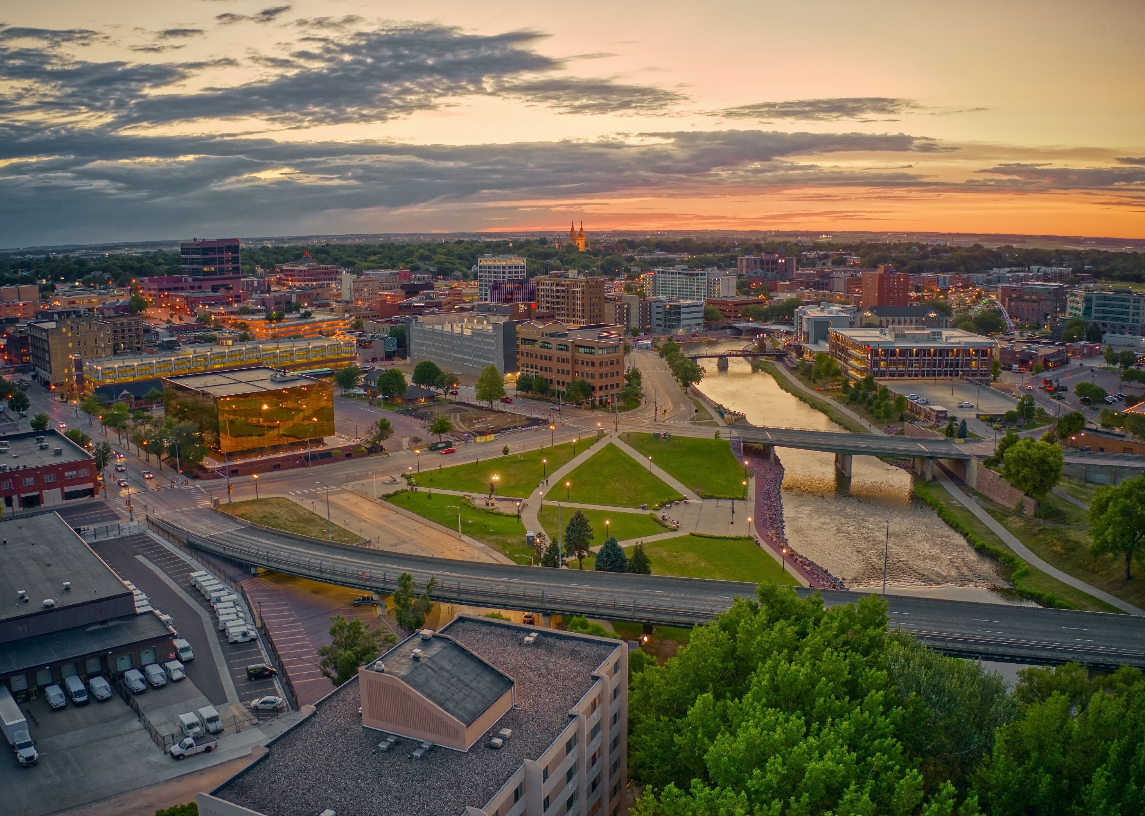 Aerial view of Sioux Falls at sunset.