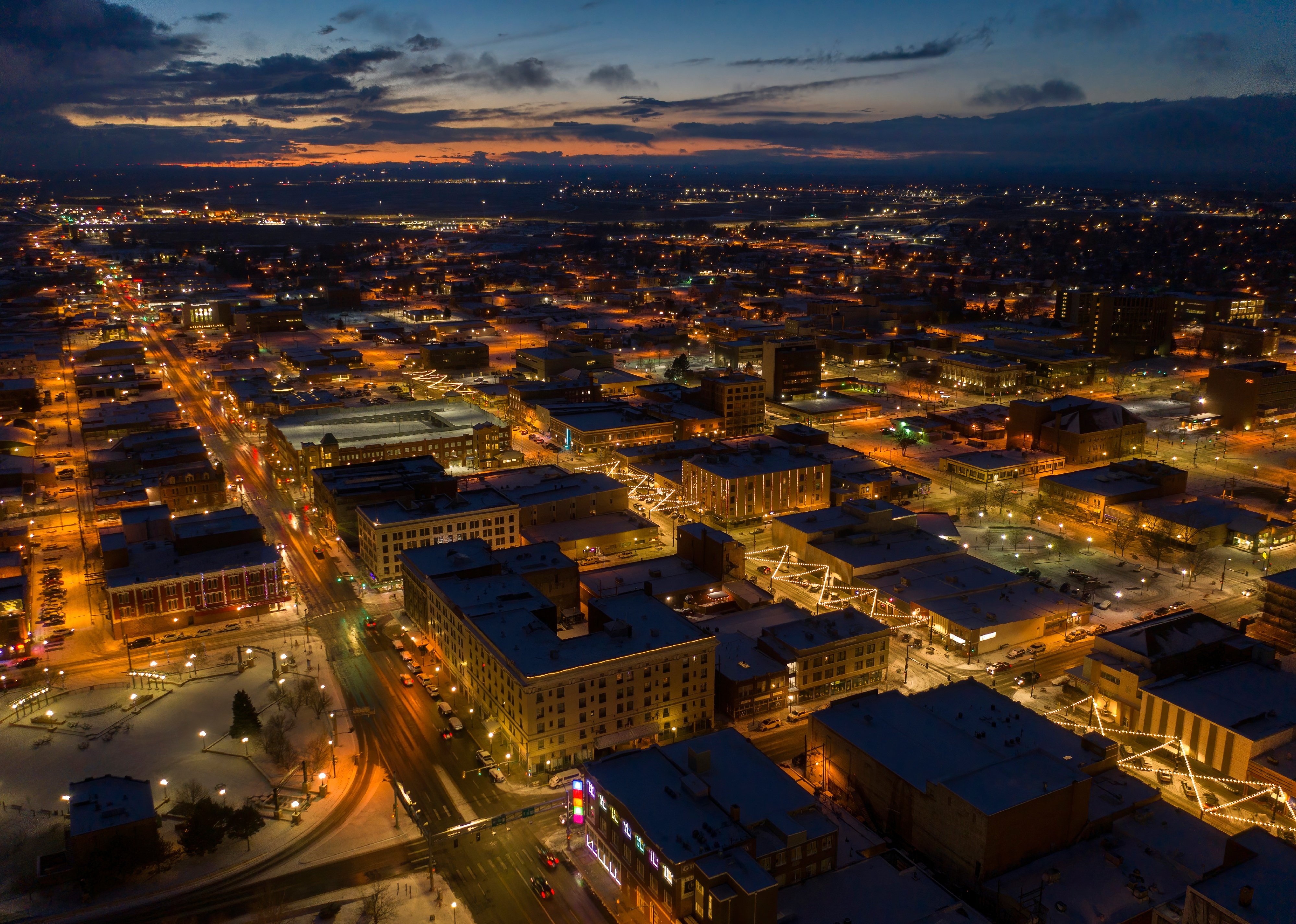 Aerial view of Cheyenne at dusk during winter.