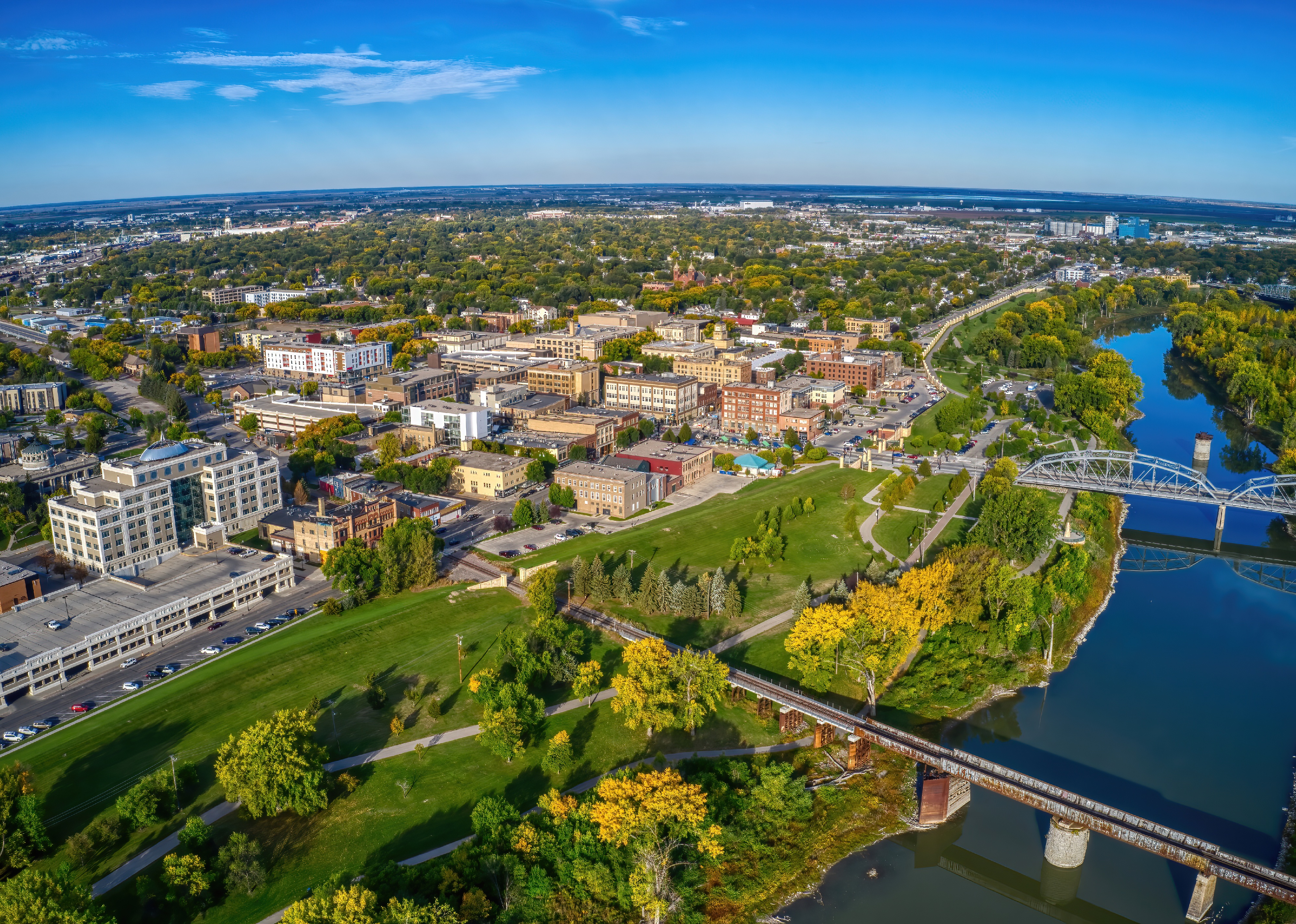 Aerial view of Grand Forks in autumn.