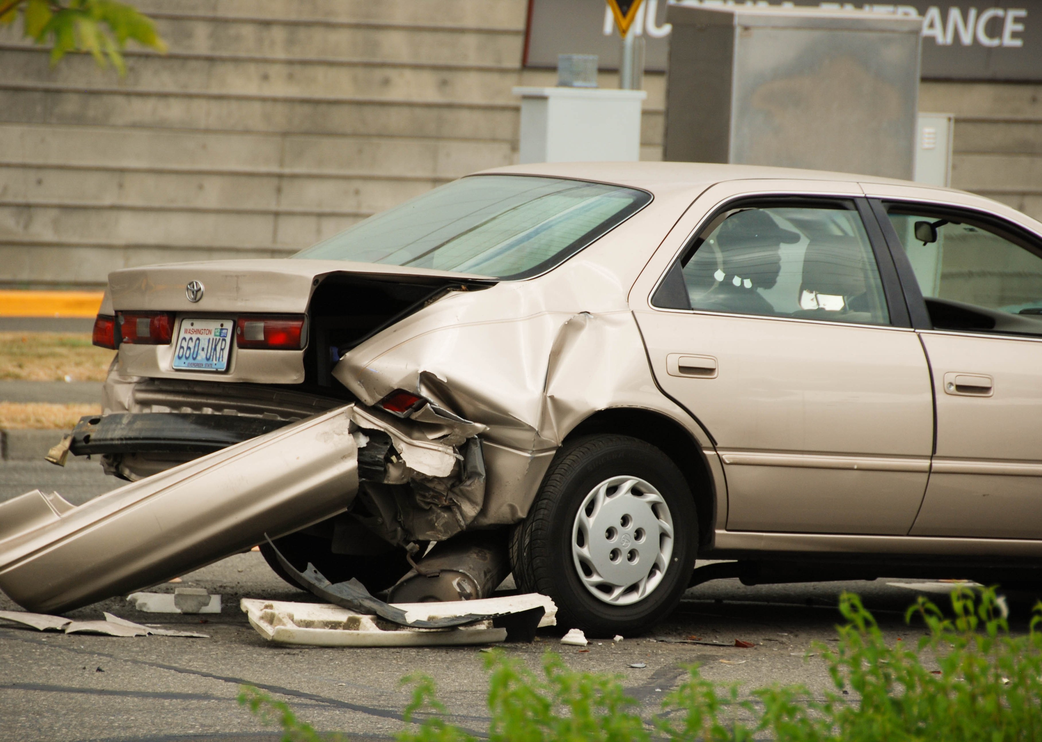 The damaged rear of a car as a result of an accident.