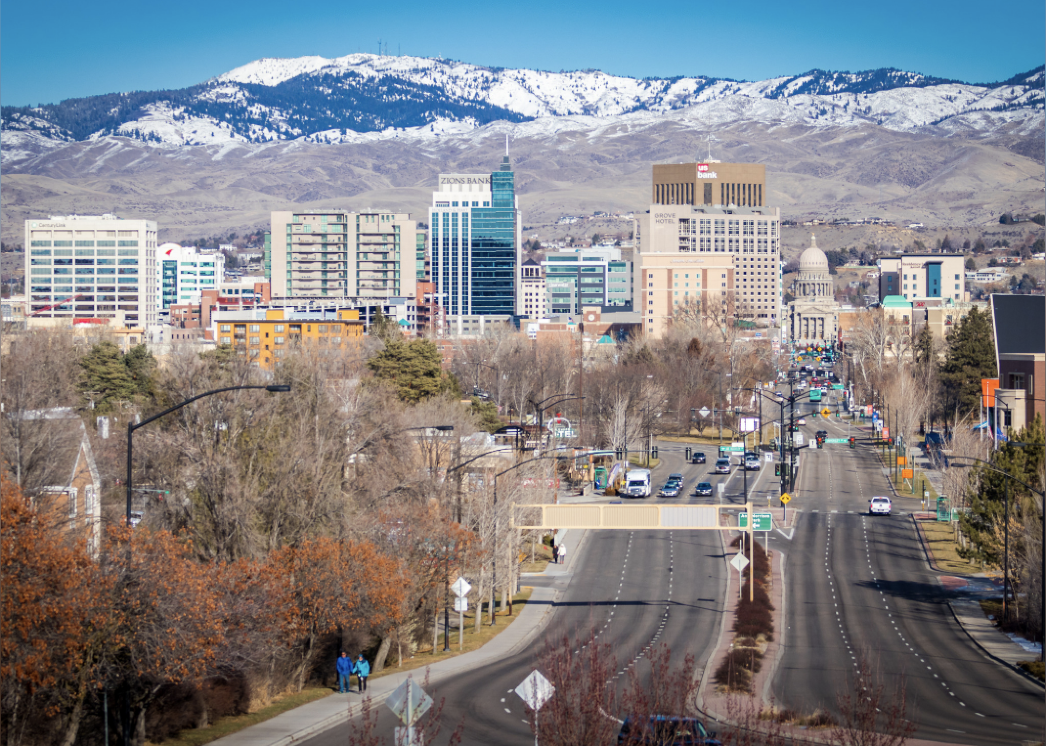 The Boise skyline with snowy mountains in the background.