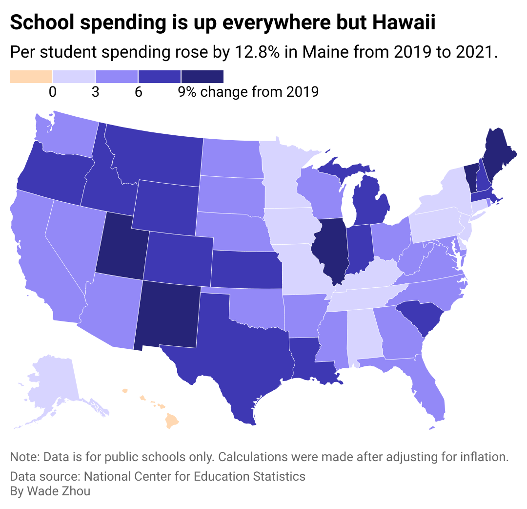 Map showing the change in public school spending between 2019 and 2021.