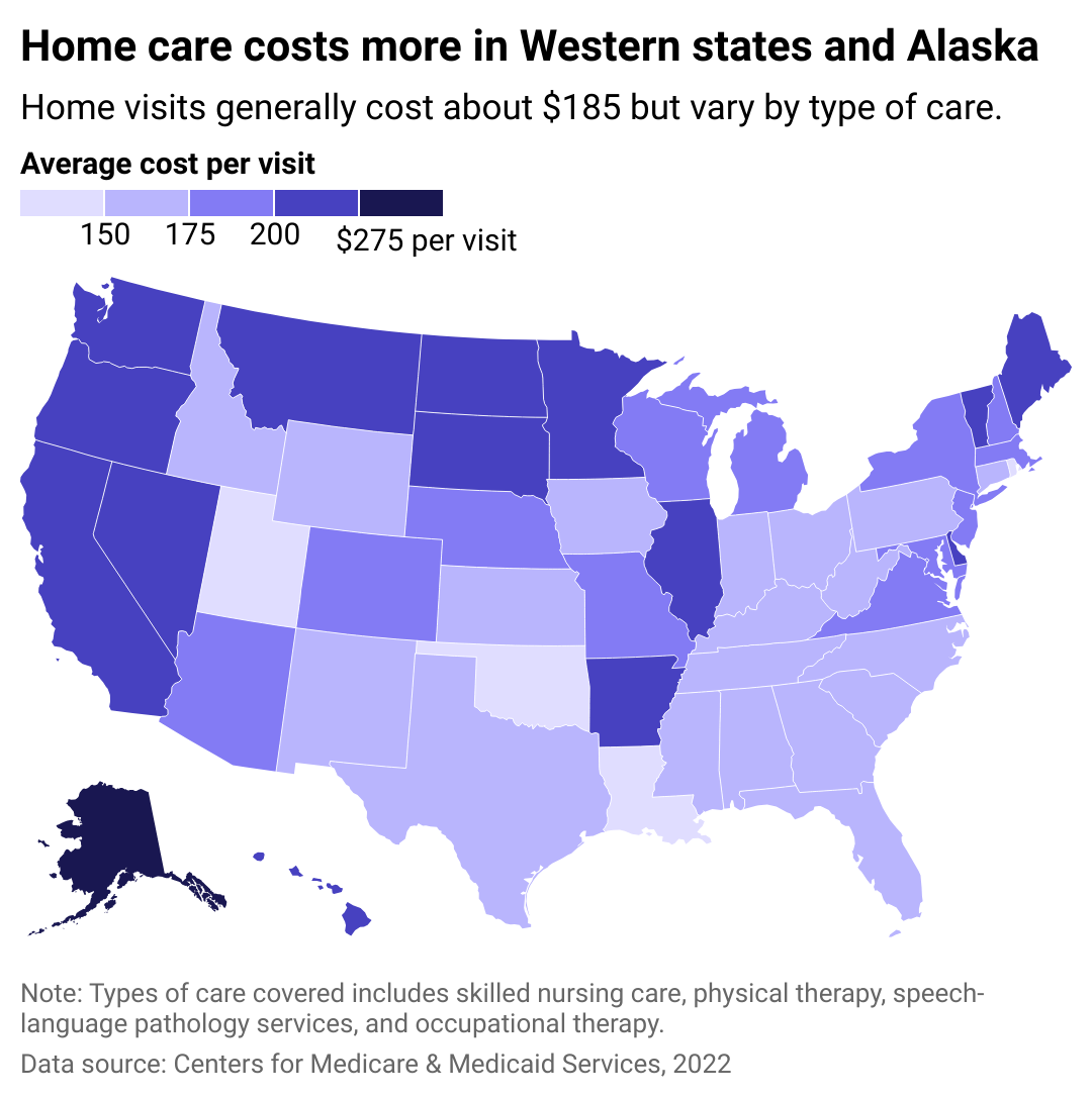 A map showing the average cost per home visit by state.