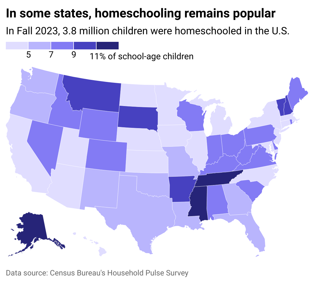 A map showing the most recent homeschooling rates in each state.