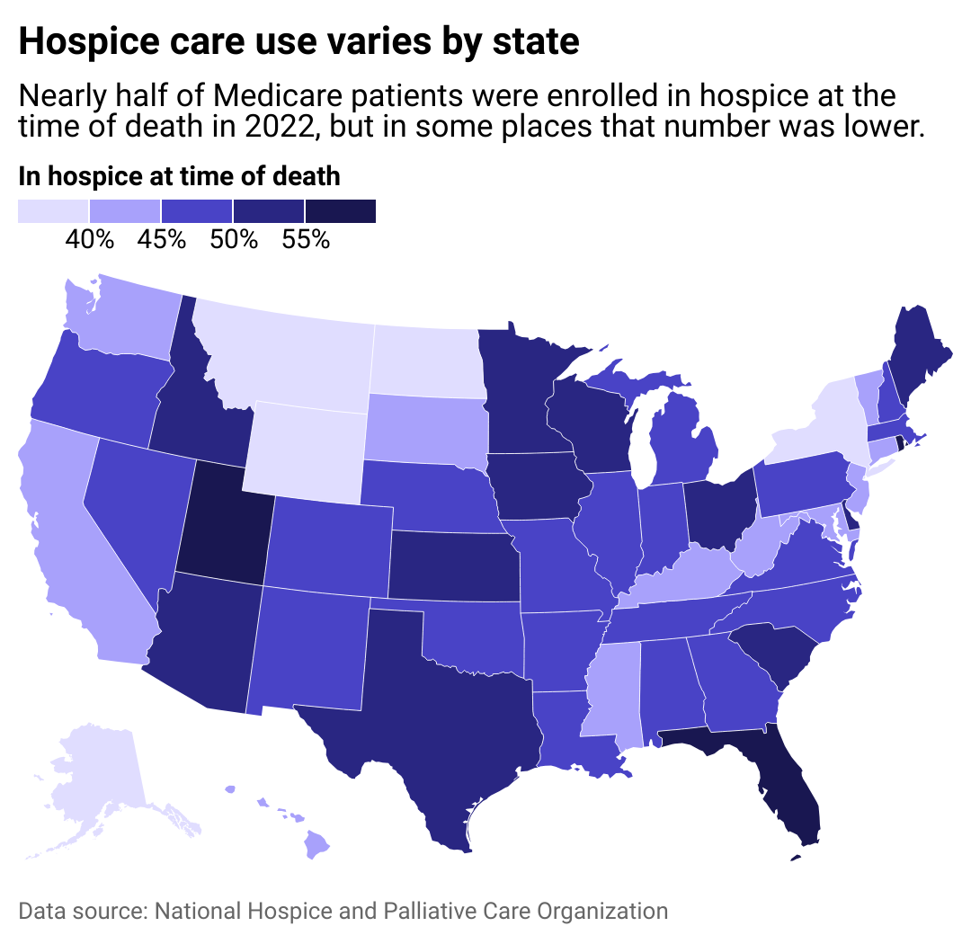 A map showing the share of Medicare patients who died in hospice by state