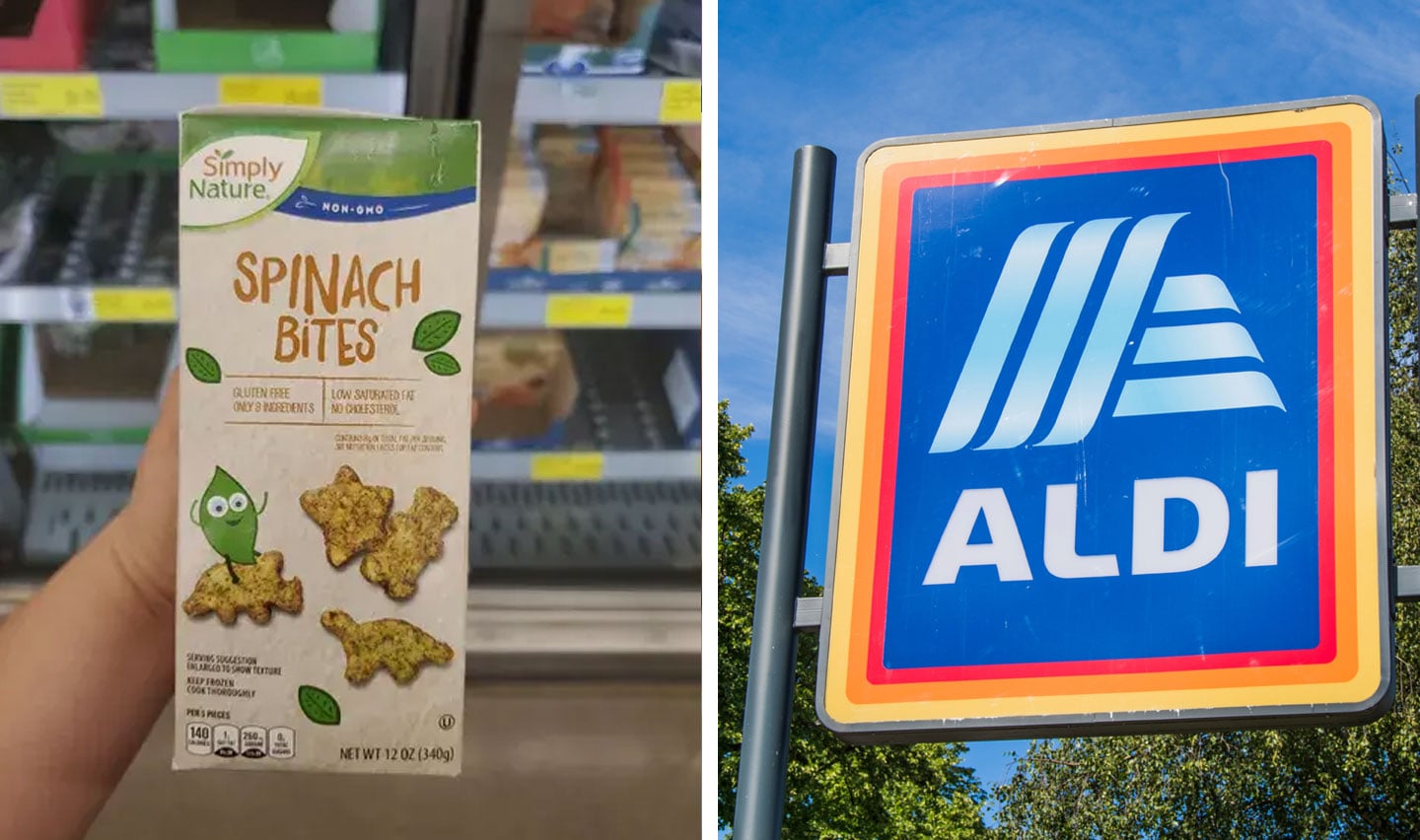 Left: Someone holding a box of Spinach Bites, Right: An Aldi sign