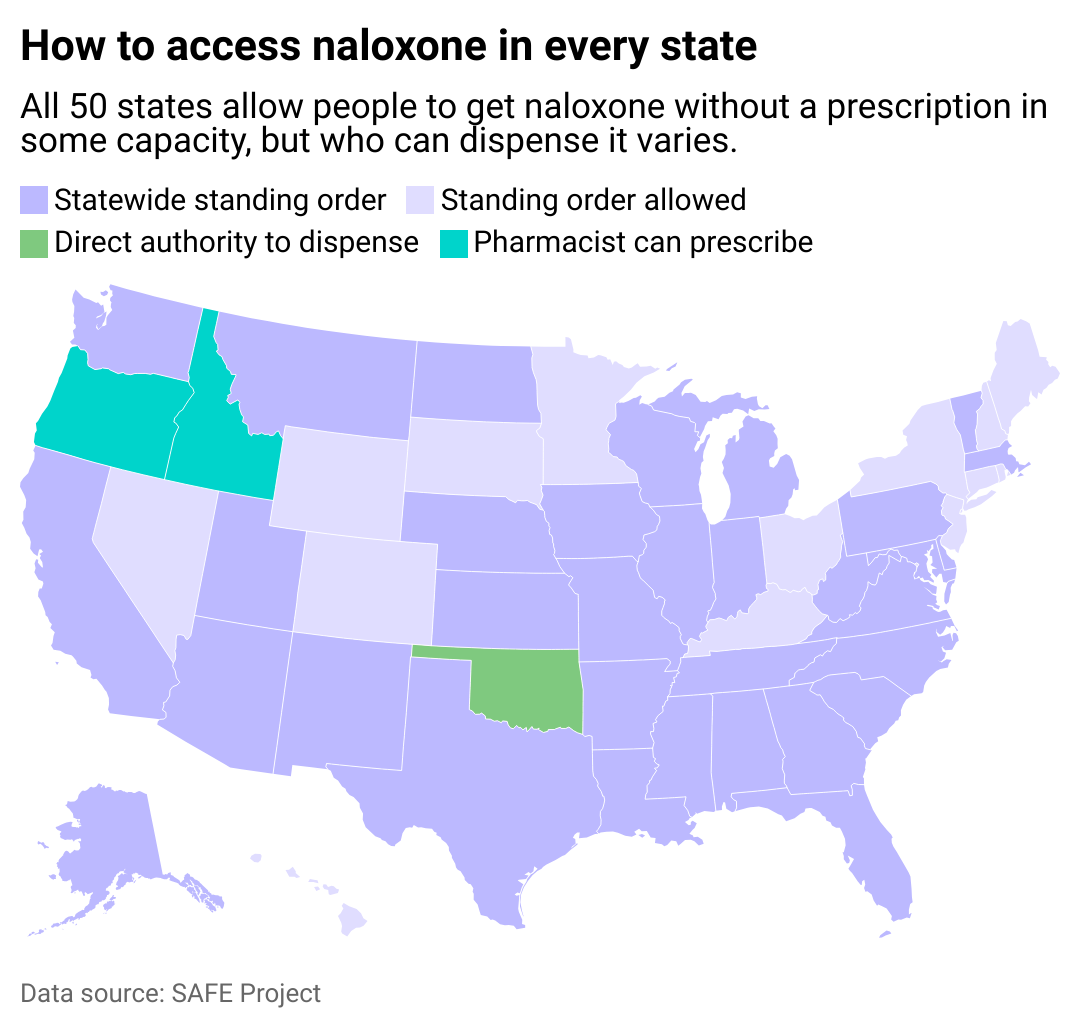 A map showing how residents can get naloxone in each state.