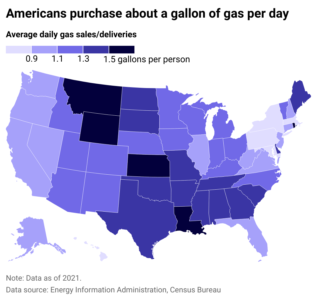 A heat map showing the gallons of gasoline sold per person per day in each U.S. state.