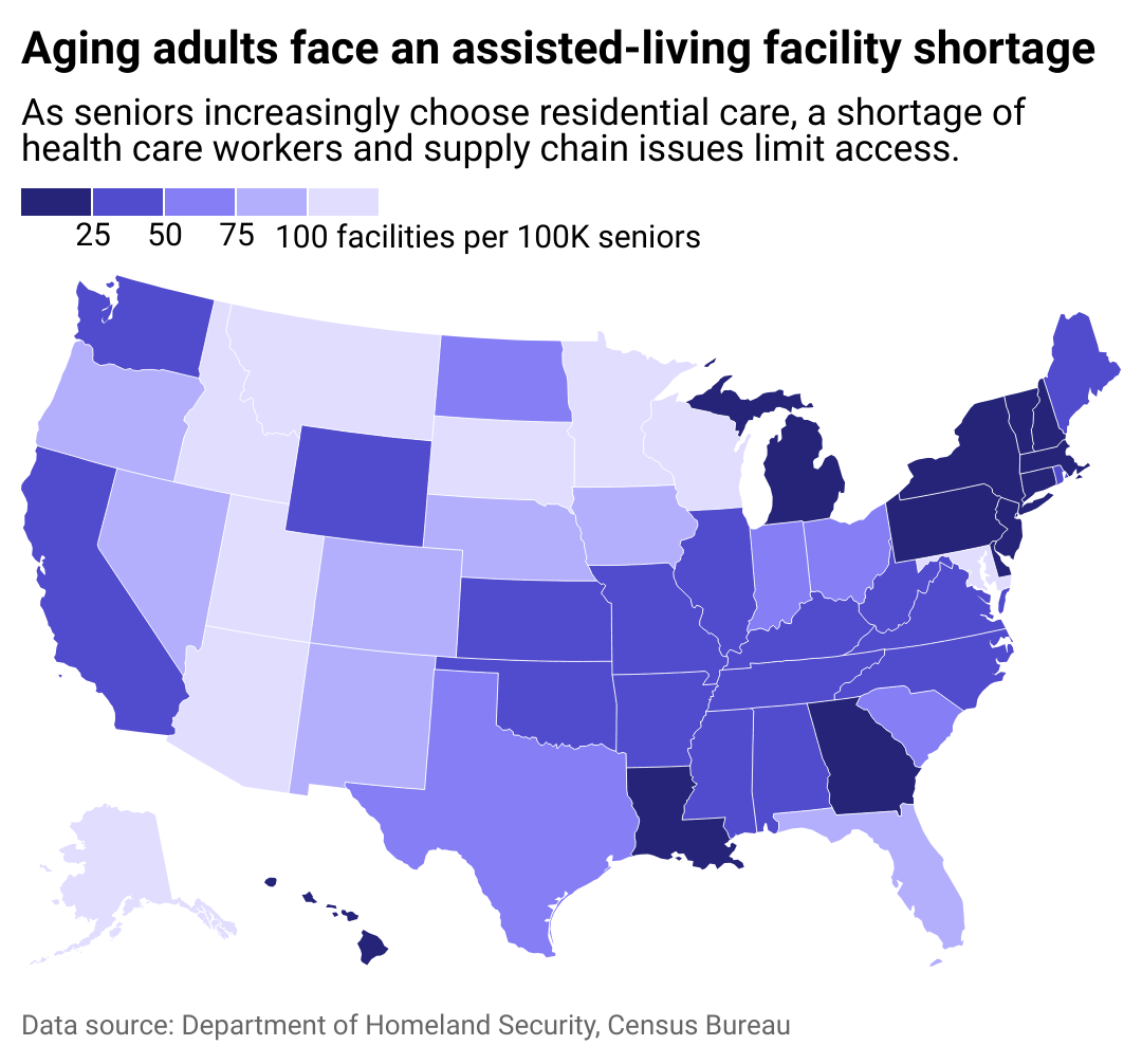 A map showing the number of assisted living facilities per 100,000 adults.