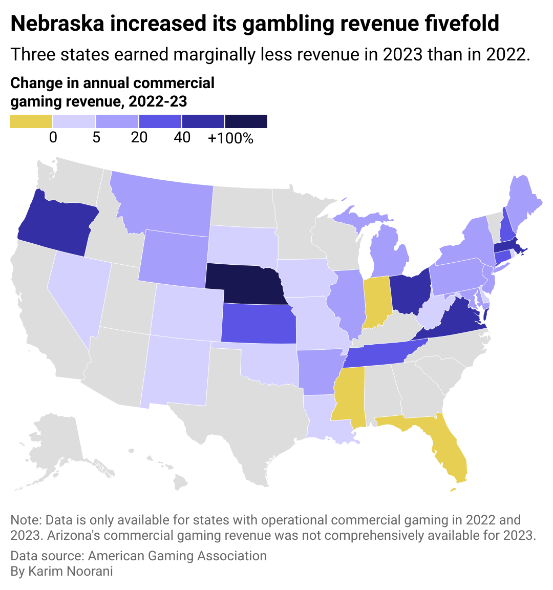 A heatmap showing commercial gaming revenue growth across the country.
