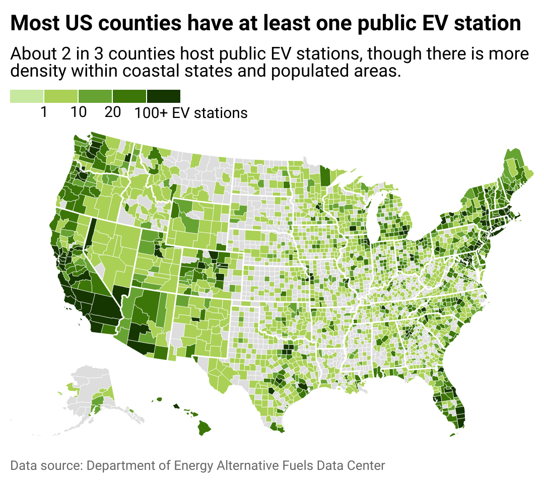 A heat map showing the number of public EV charging stations by county in 2024.