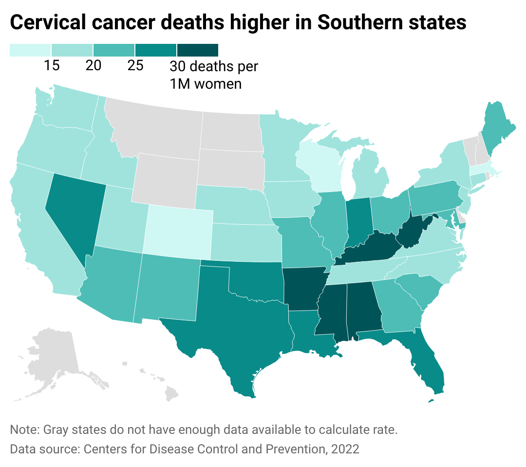 Map showing cervical cancer death rates are higher in Southern states.