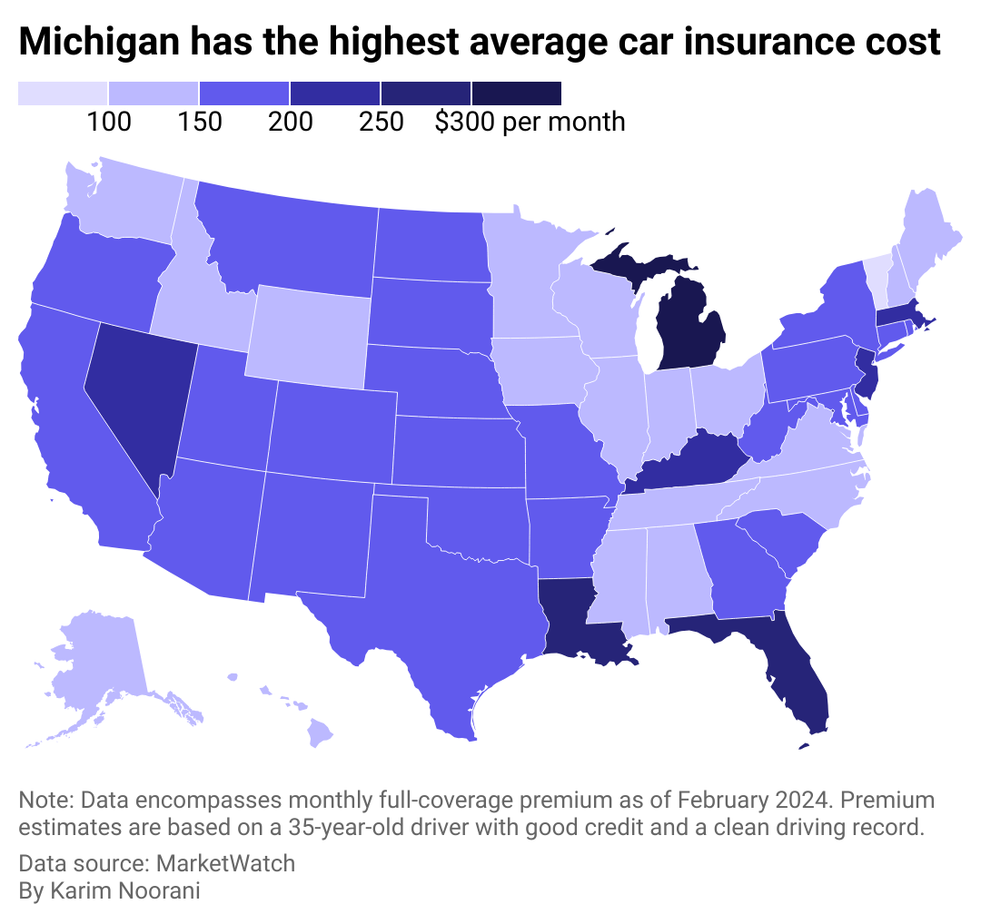 A heat map showing full-coverage car insurance premiums across the US