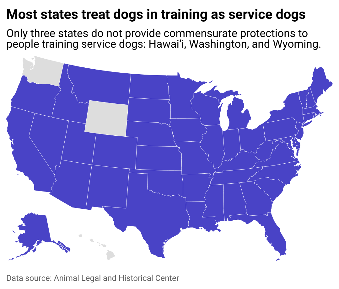 A map showing that only three states do not provide commensurate protections to people training service dogs: Hawai‘i, Washington, and Wyoming.