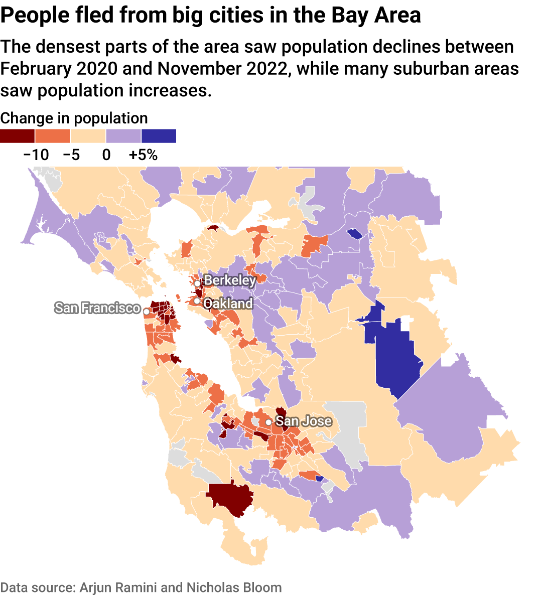 A map showing how the populations of different zip codes in the San Francisco Bay Area shifted during the pandemic.