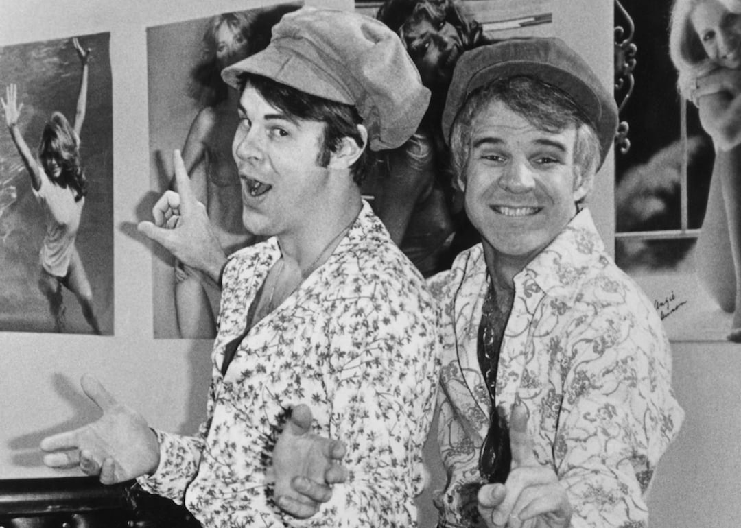 Comedians Dan Aykroyd and Steve Martin posing as the 'two wild and crazy guys,' a sketch from the television show 'Saturday Night Live' in 1978.