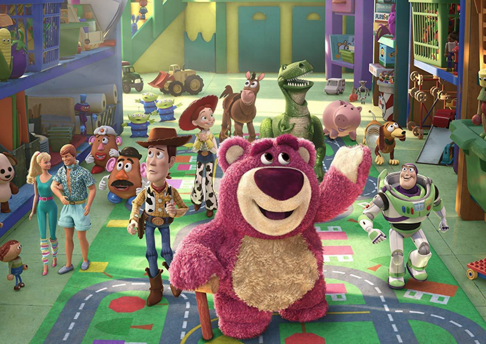 Animated still with characters from Toy Story 3.