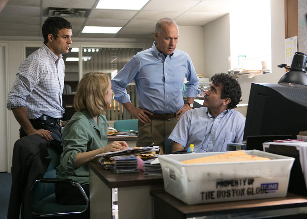 Michael Keaton and cast in a scene from Spotlight.