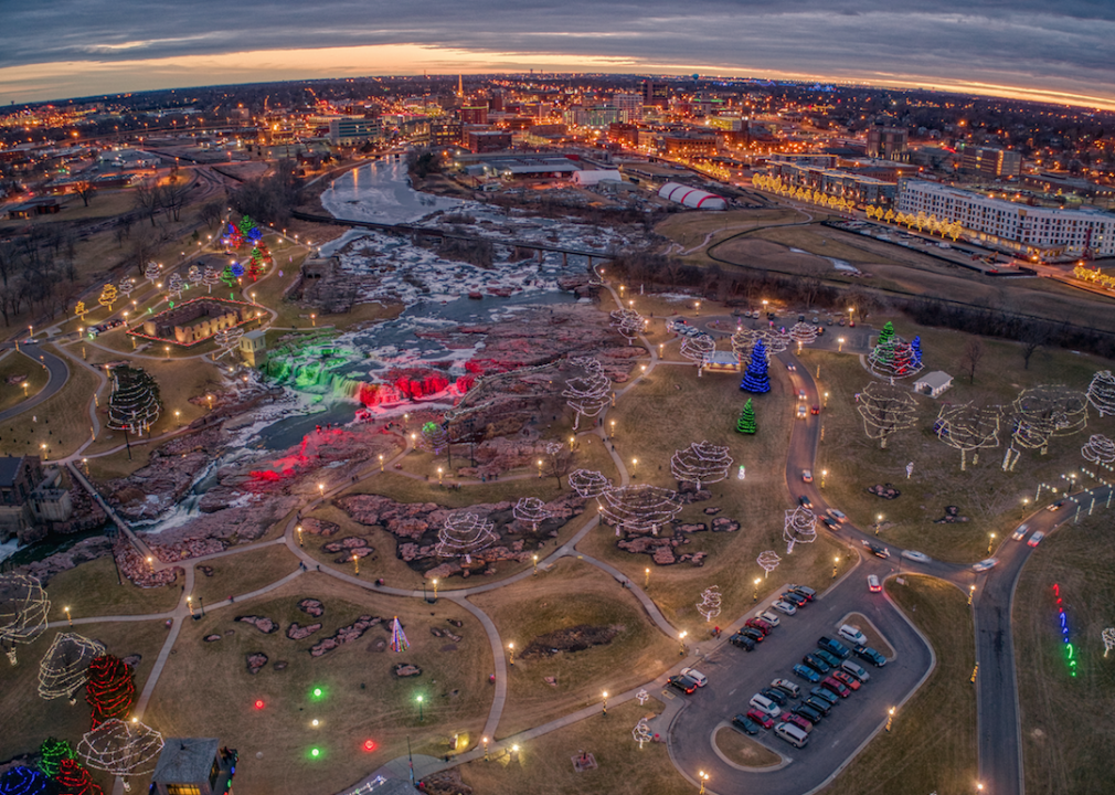 An aerial view of holiday lights in Sioux Falls.