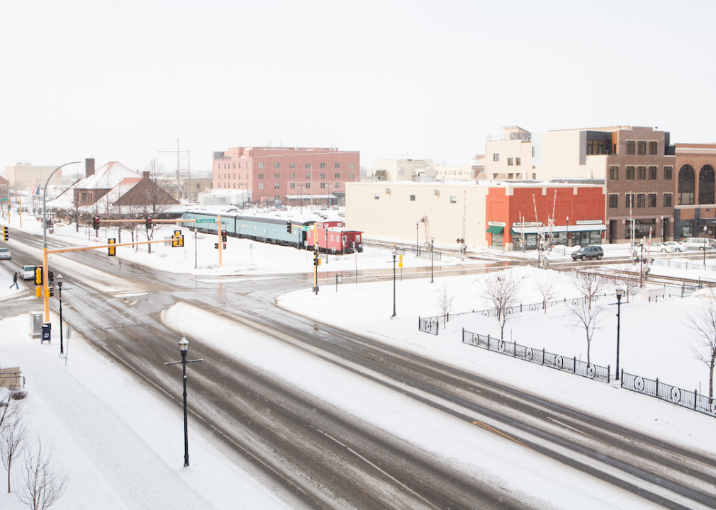 A snowy intersection in downtown Fargo.
