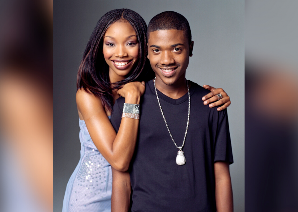 Moesha stars Brandy (left) and her real-life brother Ray J, pose for production stills.