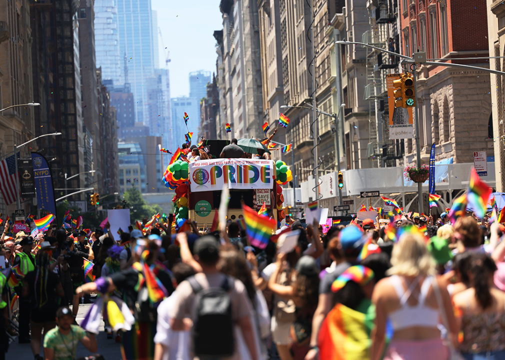 People participate in the New York City Pride Parade on Fifth Avenue.