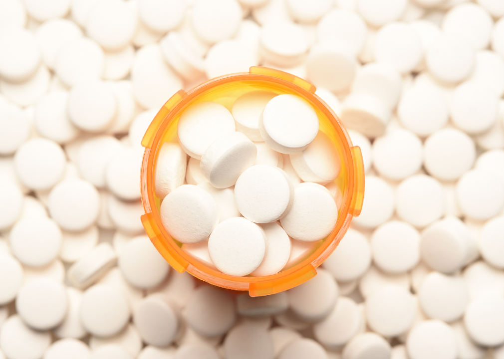 High-angle view of a prescription bottled filled with pills.