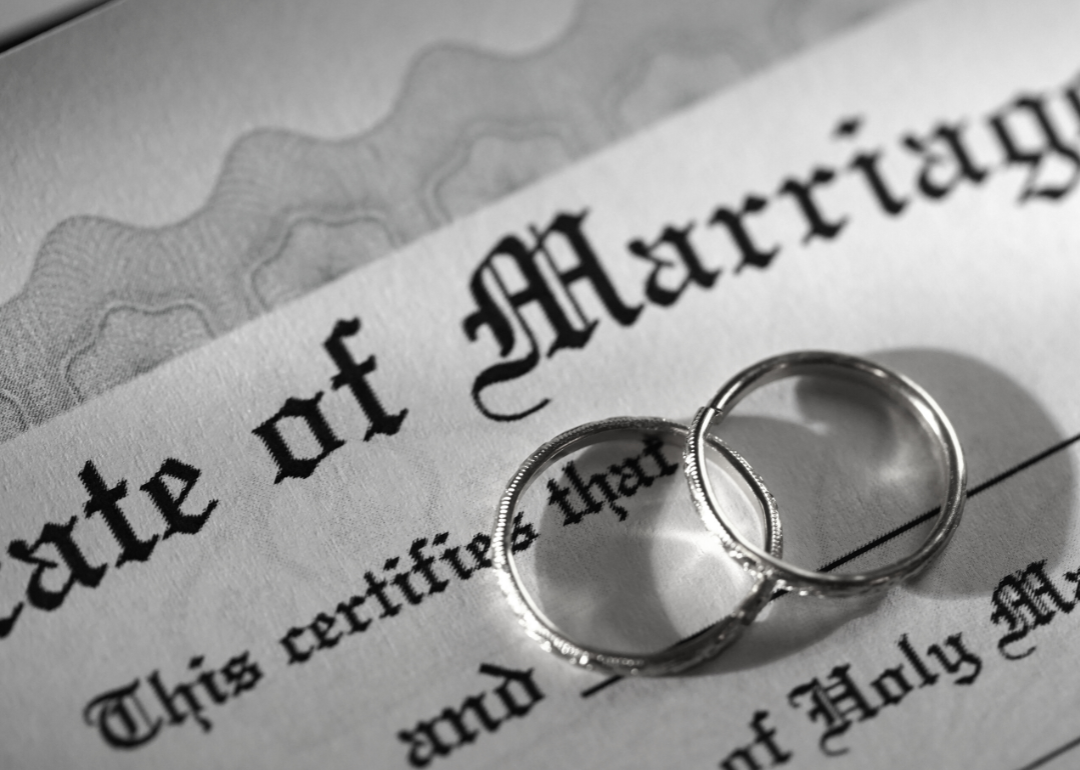 Two rings on a marriage certificate.