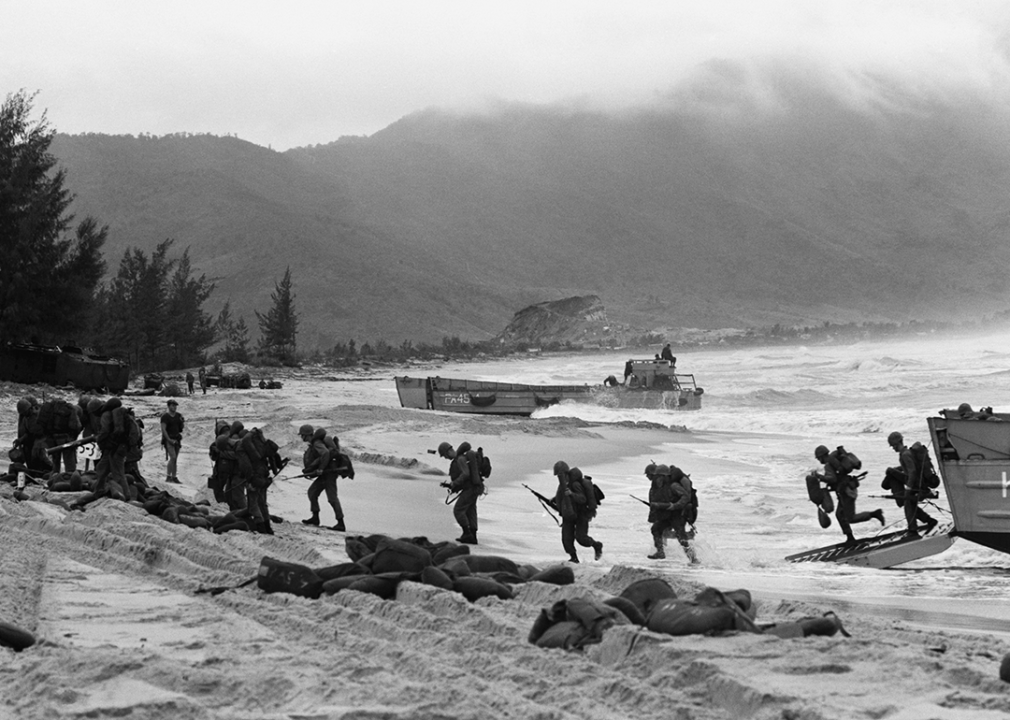 Marines arrive by landing craft at a Da Nang beach.