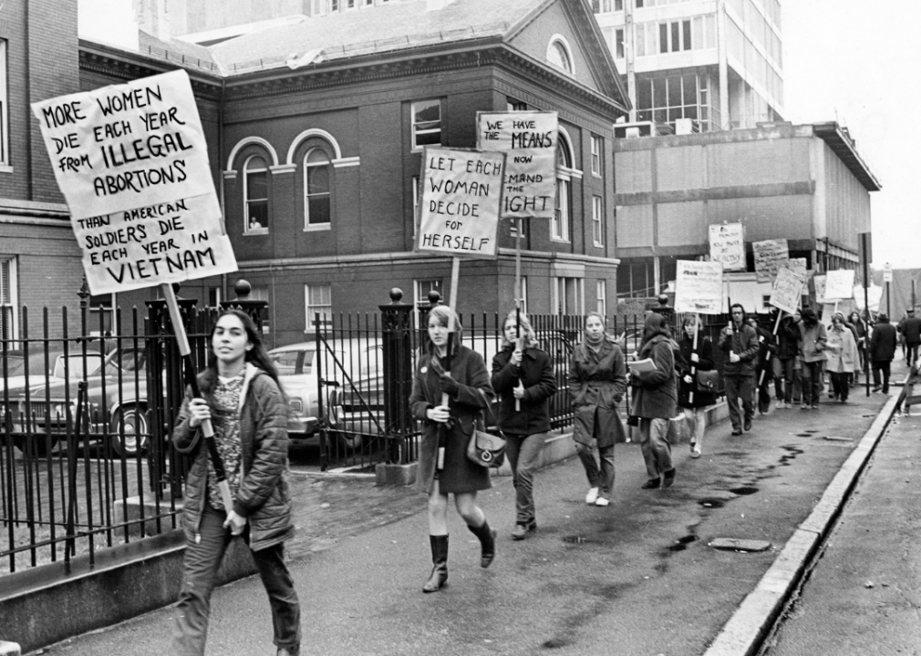 Women holding signs protesting abortion laws