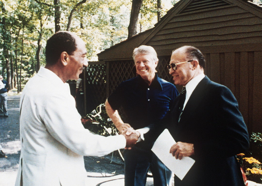 President Jimmy Carter at Camp David with Israeli Premier Menachem Begin and Egyptian President Anwar al-Sadat.