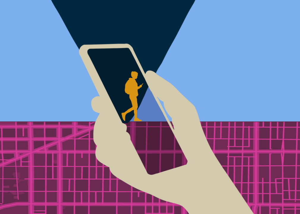 An illustration with a hand holding a phone over a person walking on map.