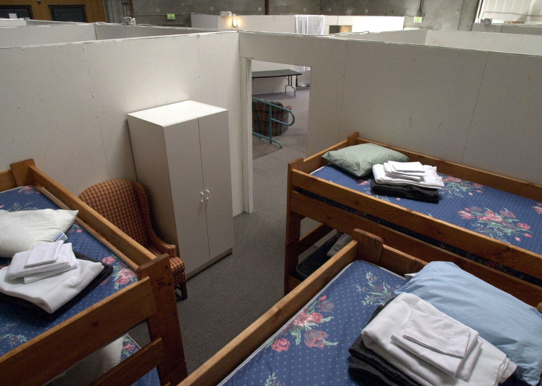 Interior view of bunk beds in a cubicle at a family homeless shelter