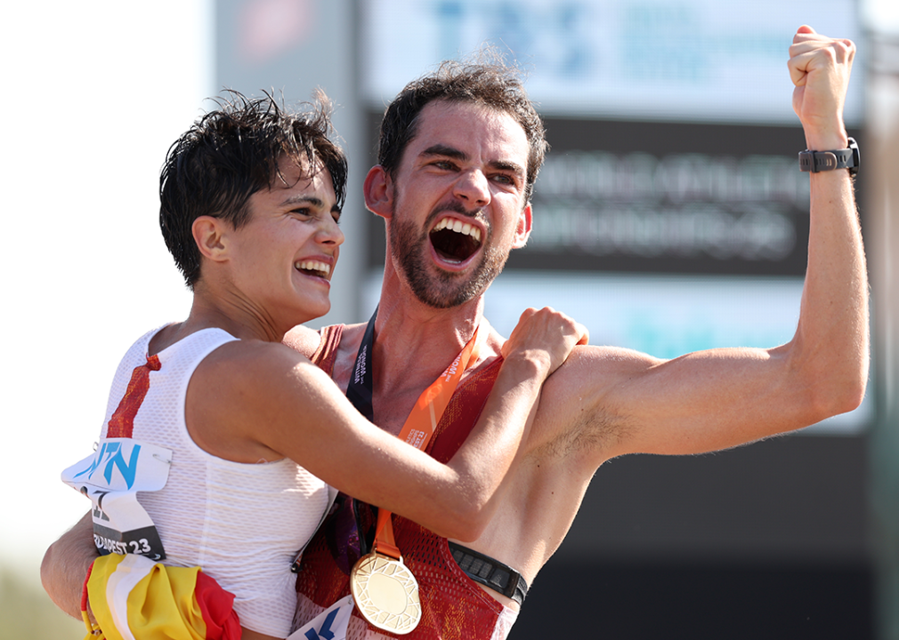 Maria Perez and Alvaro Martin celebrate after winning gold in the World Athletic Championships Budapest.