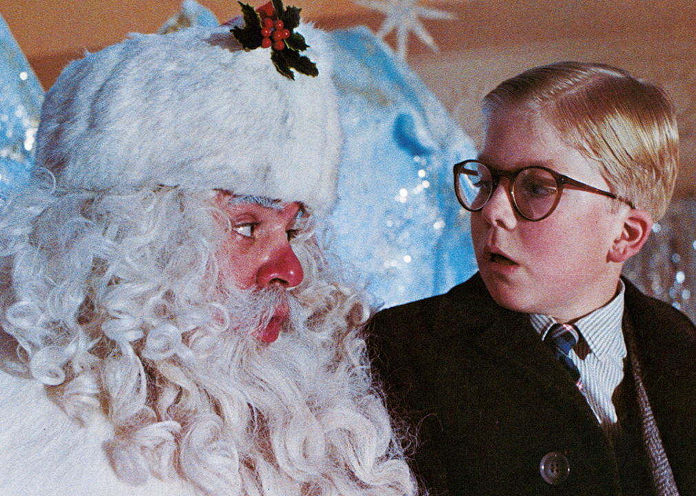 Peter Billingsley sits on Santa's lap in a scene from the film 'A Christmas Story’.