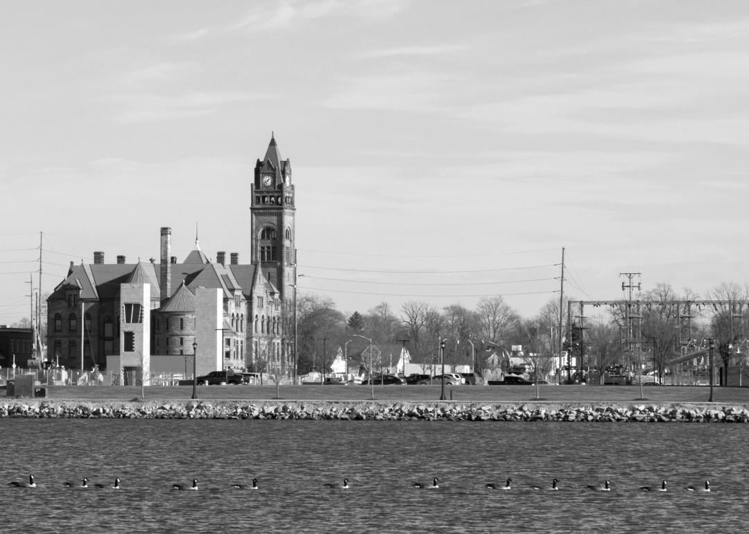 Saginaw River and City Hall clock tower in Bay City, Michigan.