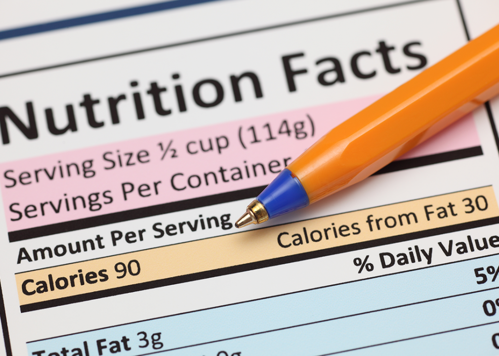 Close up of calories on a nutrition label calories with a pen.