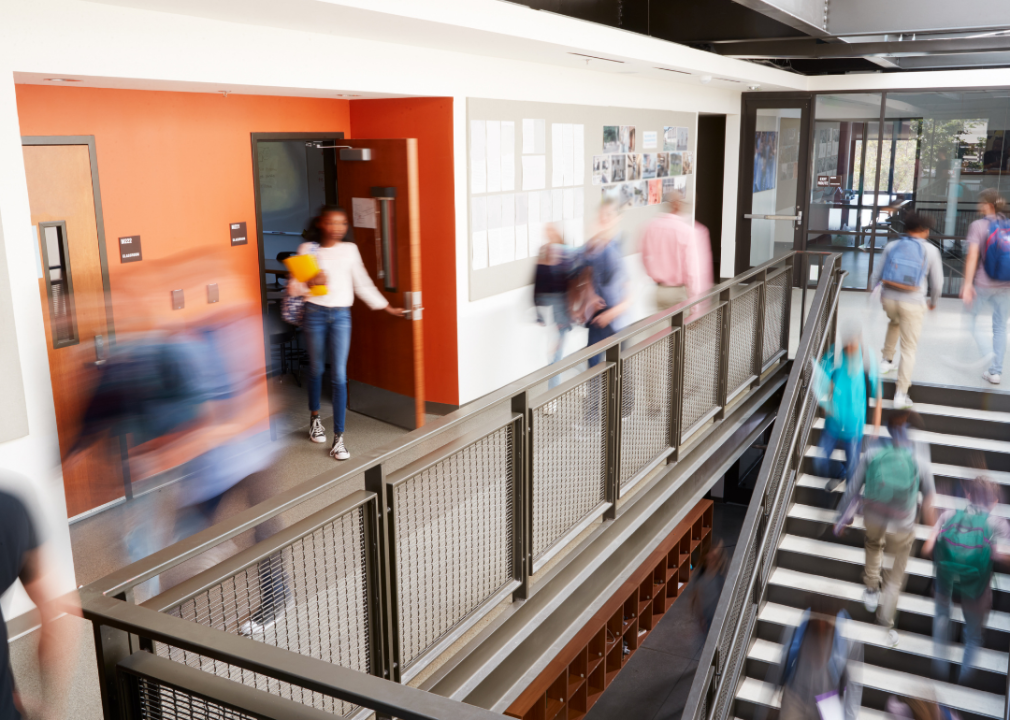 Busy high school stairway between classes