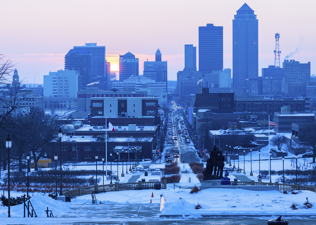A snowy Des Moines cityscape at sunset.