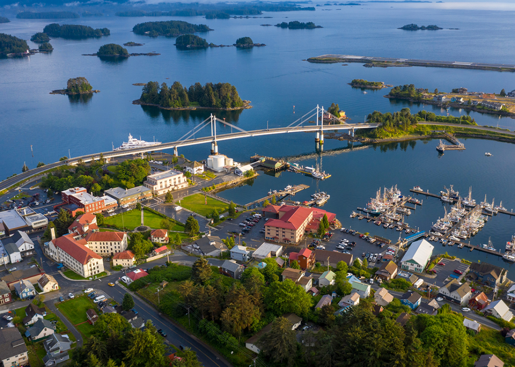 Aerial view of downtown Sitka at sunset.