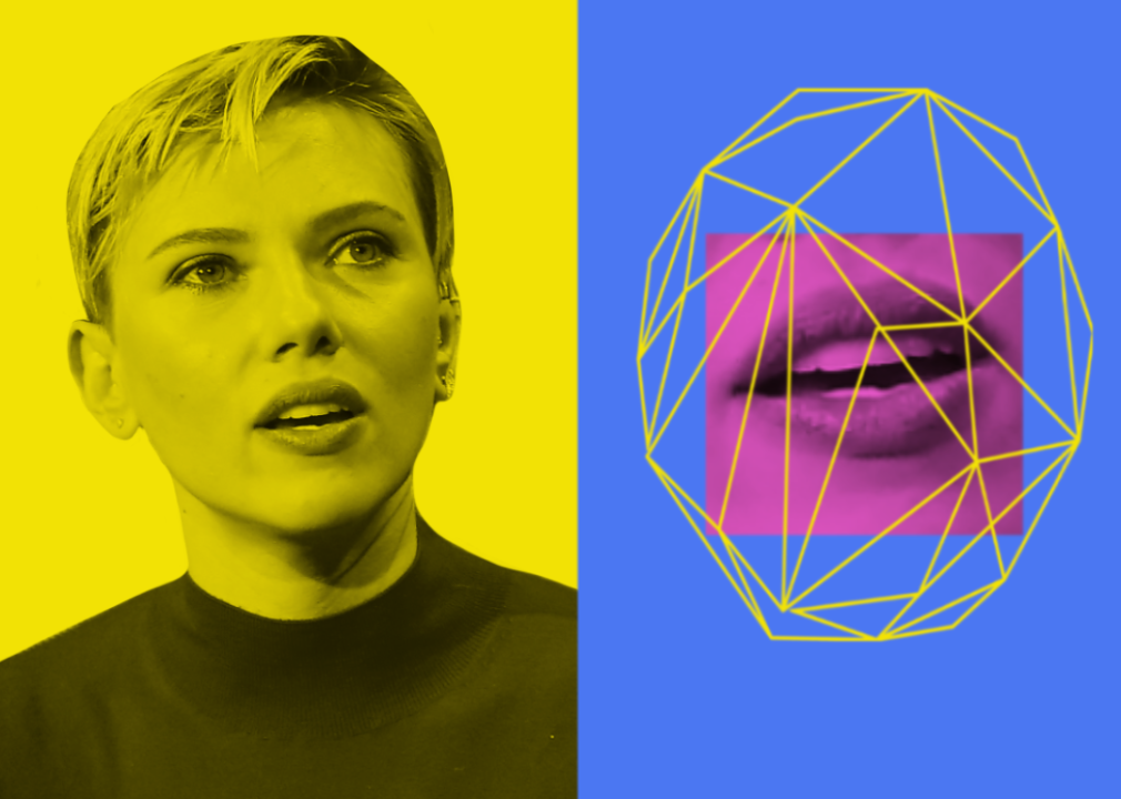 Scarlett Johansson speaking alongside conceptual AI graphic.