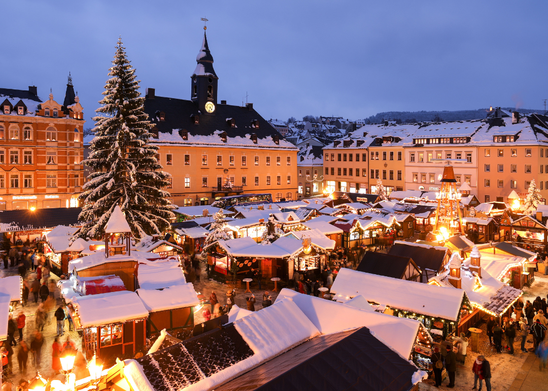 The Annaberg Christmas Market covered in snow.