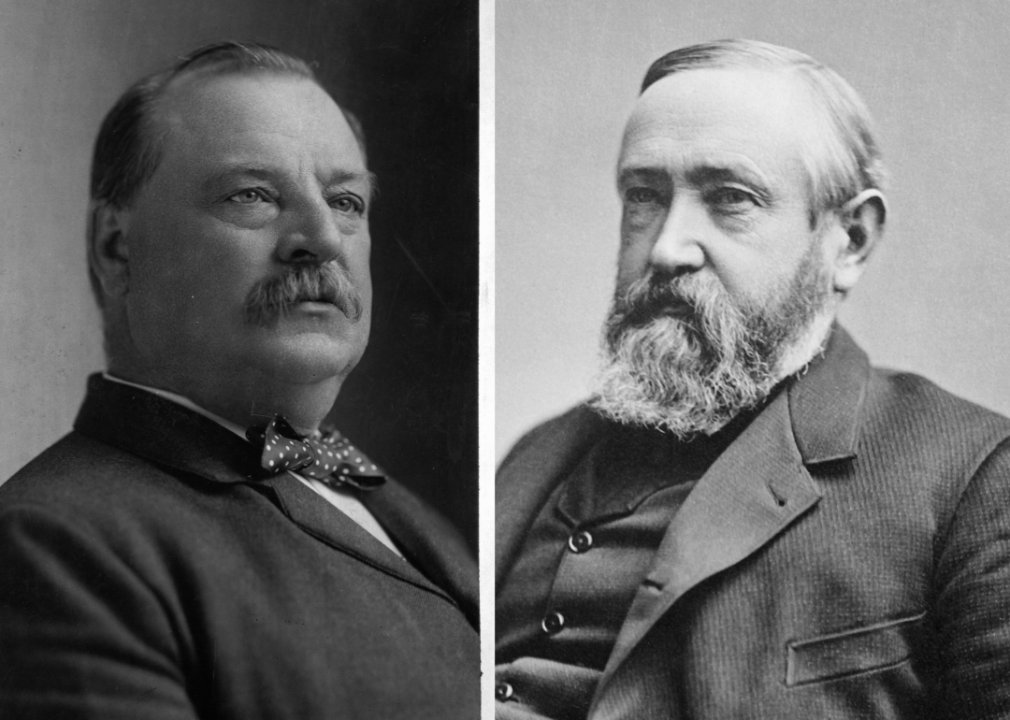 Portraits of Grover Cleveland and Benjamin Harrison.