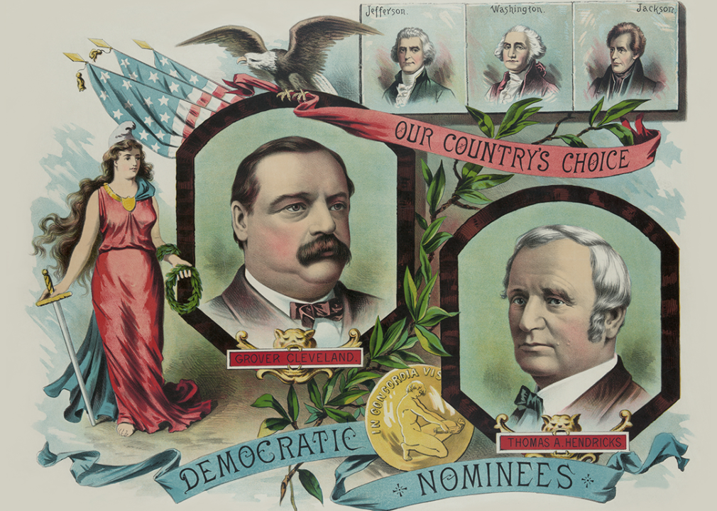 Campaign illustration showing Democratic Party nominees in 1884 Grover Cleveland and Thomas Hendricks.