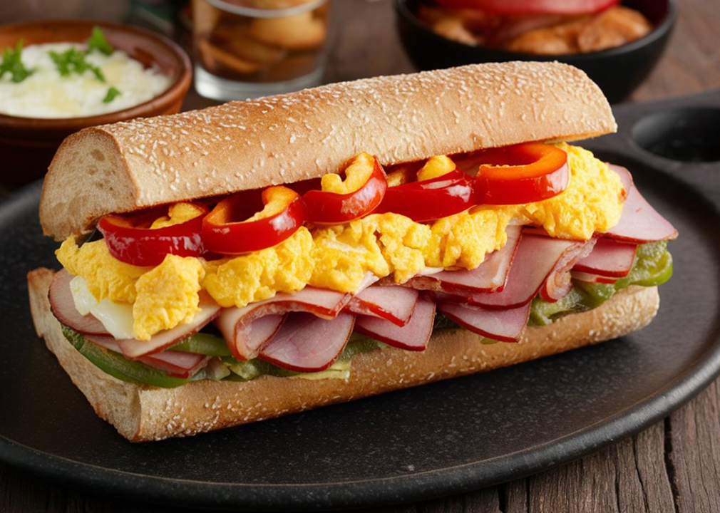 Sandwich with ham, onions, green peppers, and scrambled eggs.