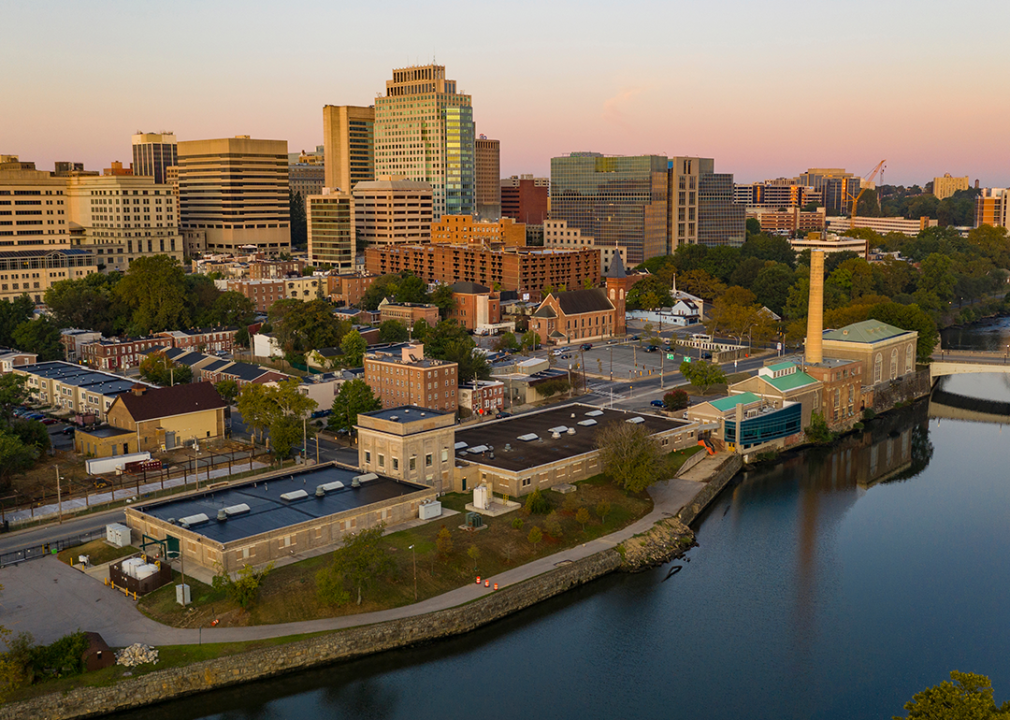 Sunrise over river and Wilmington skyline.