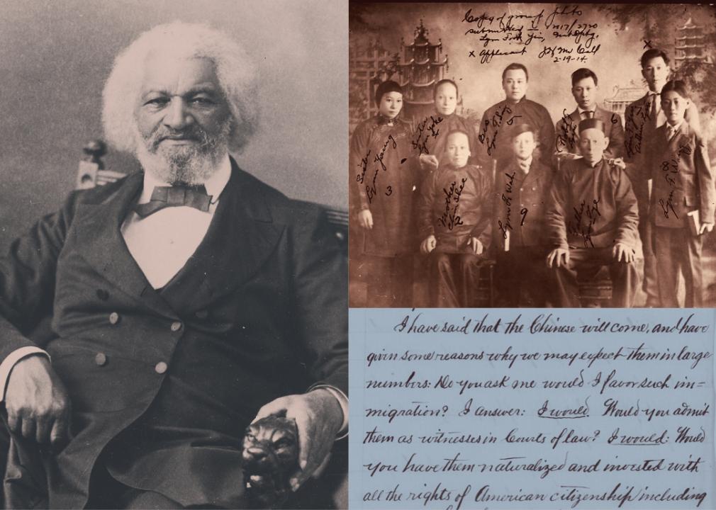Frederick Douglass portrait; excerpt from speech; Lim Lip Hong Family Portrait from Chinese Exclusion Act investigative file